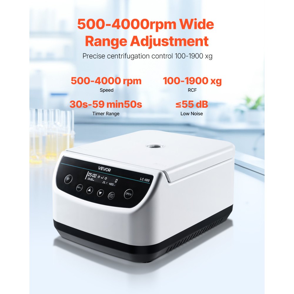 VEVOR Centrifuge Machine 100-1900 xg RCF Electric Laboratory Centrifuge Machine with 1 Rotor for 2/5/10/15 ml Tube Capacity, Adjustable 500-4000 rpm, Low Noise for Laboratory Experiments