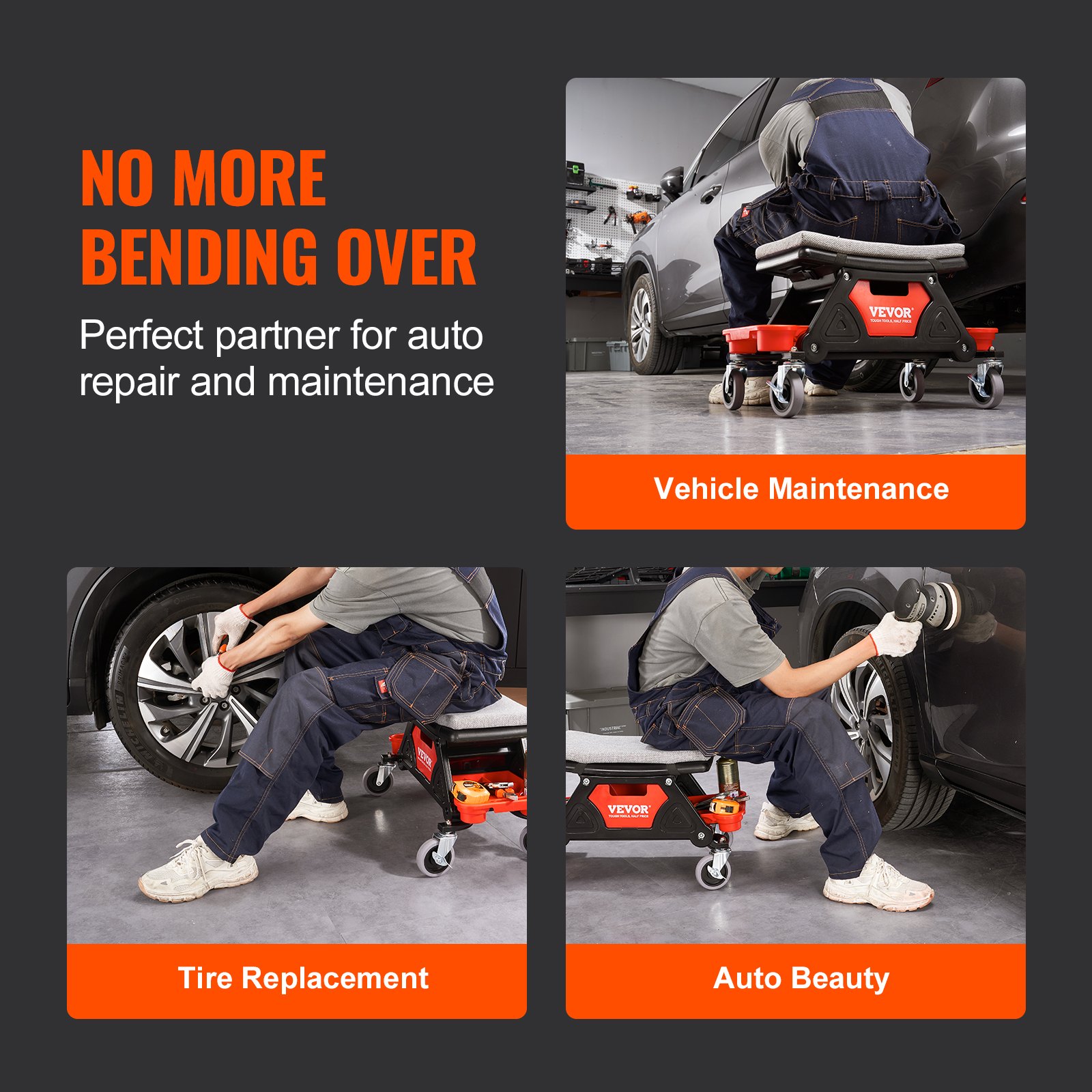 VEVOR Sgabello Mobile per Riparazione da Officina 64×33,5×39 cm Carico Max. 136 kg, Sgabello per Meccanico su Rotelle Bloccabile 450 × 250 mm con Vassoi Portautensili per Manutenzione Auto da Garage