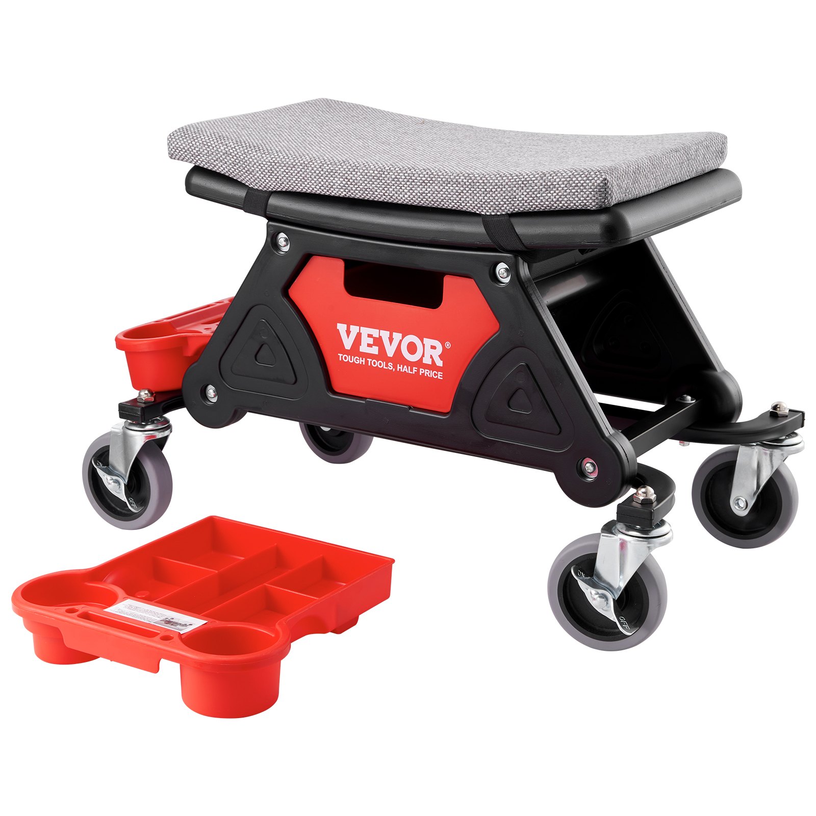 VEVOR Sgabello Mobile per Riparazione da Officina 64×33,5×39 cm Carico Max. 136 kg, Sgabello per Meccanico su Rotelle Bloccabile 450 × 250 mm con Vassoi Portautensili per Manutenzione Auto da Garage