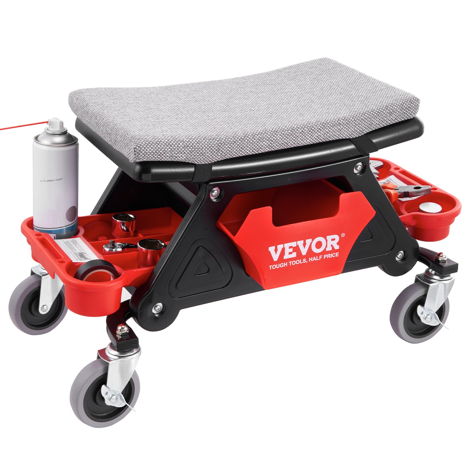 VEVOR Sgabello Mobile per Riparazione da Officina 64×33,5×39 cm Carico Max. 136 kg, Sgabello per Meccanico su Rotelle Bloccabile 450 × 250 mm con Vassoi Portautensili per Manutenzione Auto da Garage