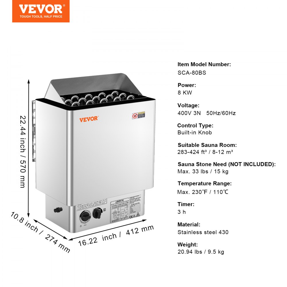 VEVOR Stufa per Sauna Stufa Elettrica per Sauna 8 kW, Riscaldatore Portatile per Sauna Interno/Esterno 400 V 3 N con Timer da 3 Ore Controllo Integrato Uso Domestico Commerciale 8-12 m³ Acciaio Inox