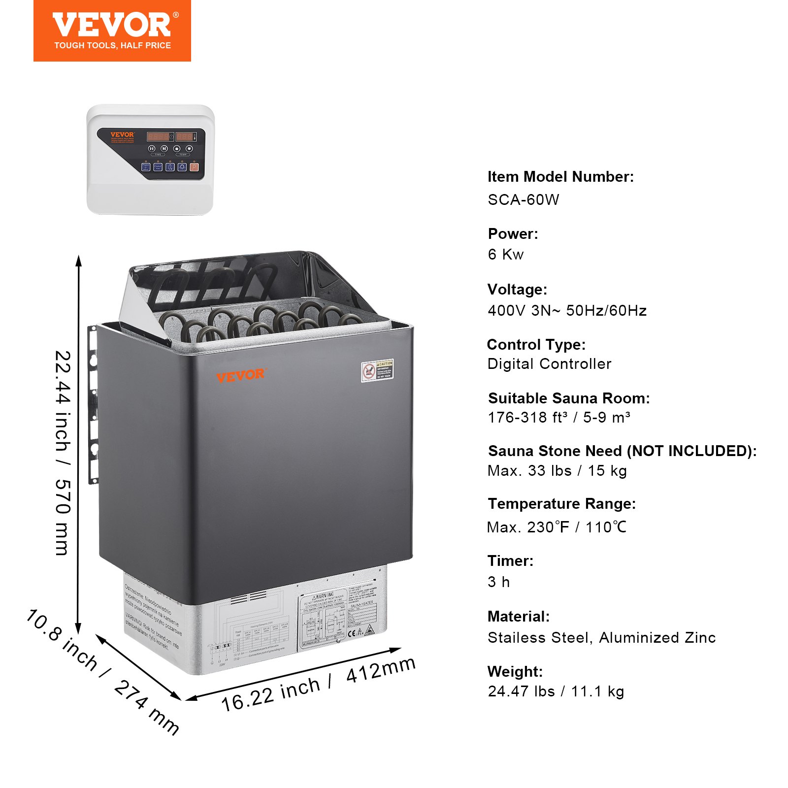 VEVOR Stufa per Sauna Stufa Elettrica per Sauna 6 kW, Riscaldatore Portatile per Sauna Interno/Esterno 400 V 3 N con Timer da 3 Ore con Regolatore Digitale Uso Domestico 5-9 m³ Spa Commerciale Hotel