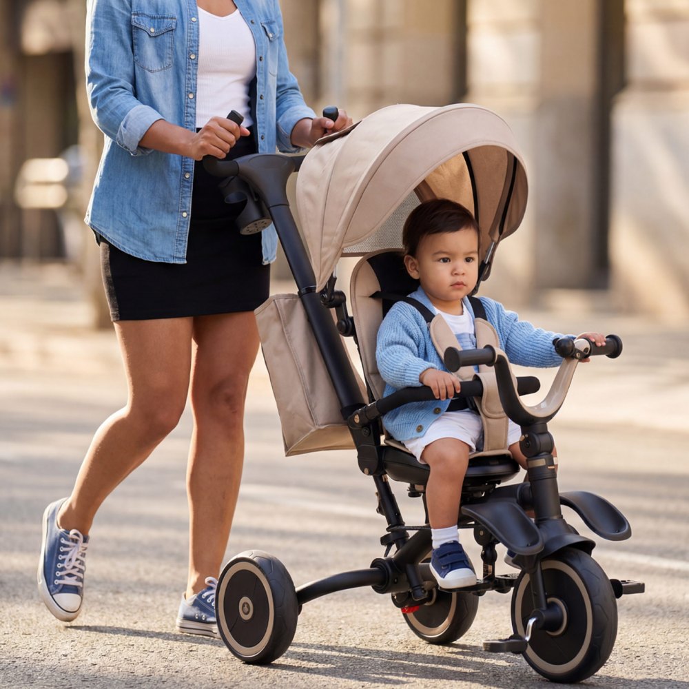 VEVOR Triciclo Convertibile per Bambini Pieghevole, Triciclo per Bambini da 18 Mesi a 5 Anni con Maniglia Regolabile, Sedia Girevole, Tenda Pieghevole Rimovibile, Borsa per Trasporto, Kaki Nero