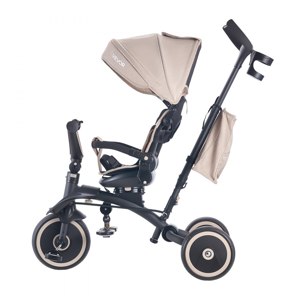 VEVOR Triciclo Convertibile per Bambini Pieghevole, Triciclo per Bambini da 18 Mesi a 5 Anni con Maniglia Regolabile, Sedia Girevole, Tenda Pieghevole Rimovibile, Borsa per Trasporto, Kaki Nero