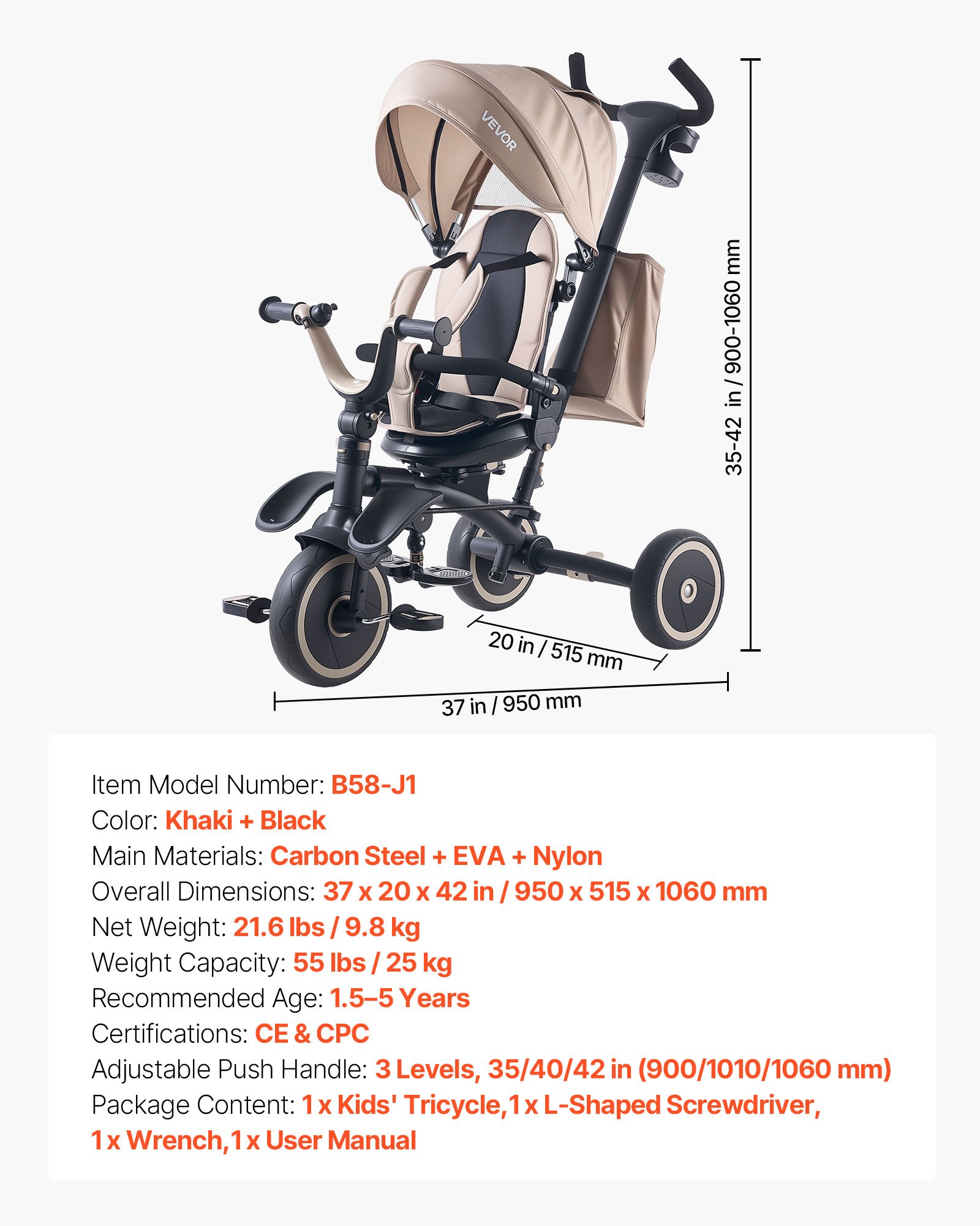 VEVOR Triciclo Convertibile per Bambini Pieghevole, Triciclo per Bambini da 18 Mesi a 5 Anni con Maniglia Regolabile, Sedia Girevole, Tenda Pieghevole Rimovibile, Borsa per Trasporto, Kaki Nero