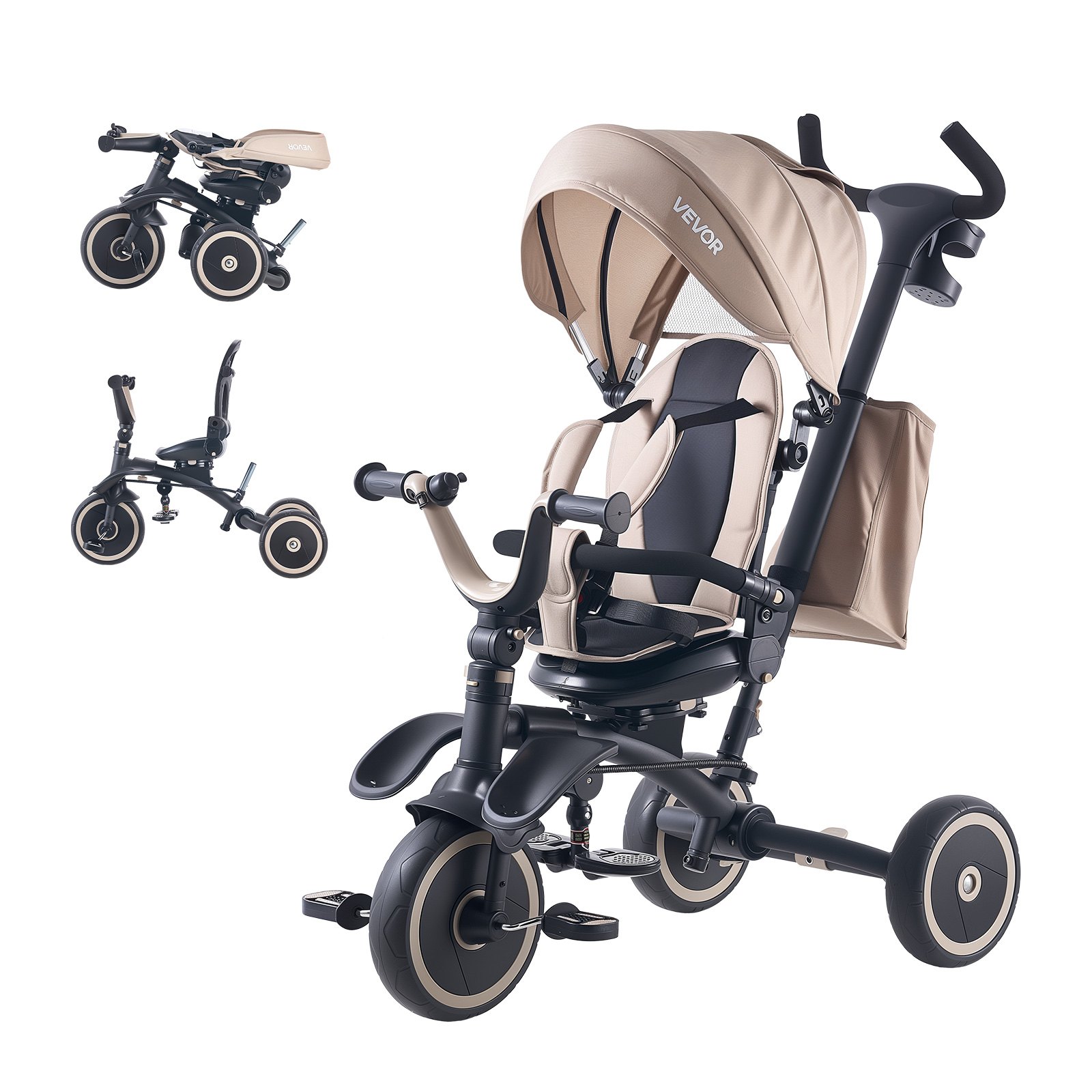 VEVOR Triciclo Convertibile per Bambini Pieghevole, Triciclo per Bambini da 18 Mesi a 5 Anni con Maniglia Regolabile, Sedia Girevole, Tenda Pieghevole Rimovibile, Borsa per Trasporto, Kaki Nero