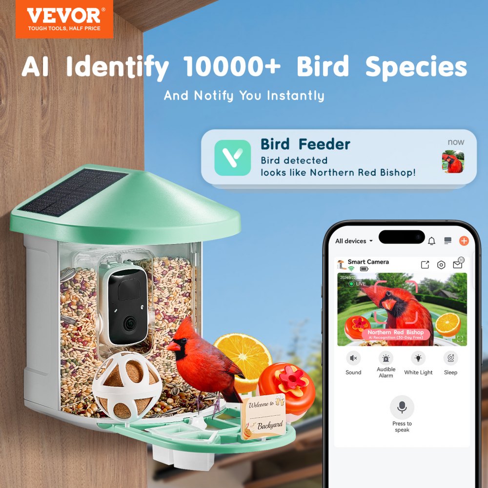 VEVOR Smart Bird Feeder with Camera, 2K HD AI Identifies Over 10,000 Bird Species, Solar Powered Bird Watching Camera with Automatic Recording and Instant Notification, Wireless Outdoor Gift for Bird Lovers (2 Solar Panels)