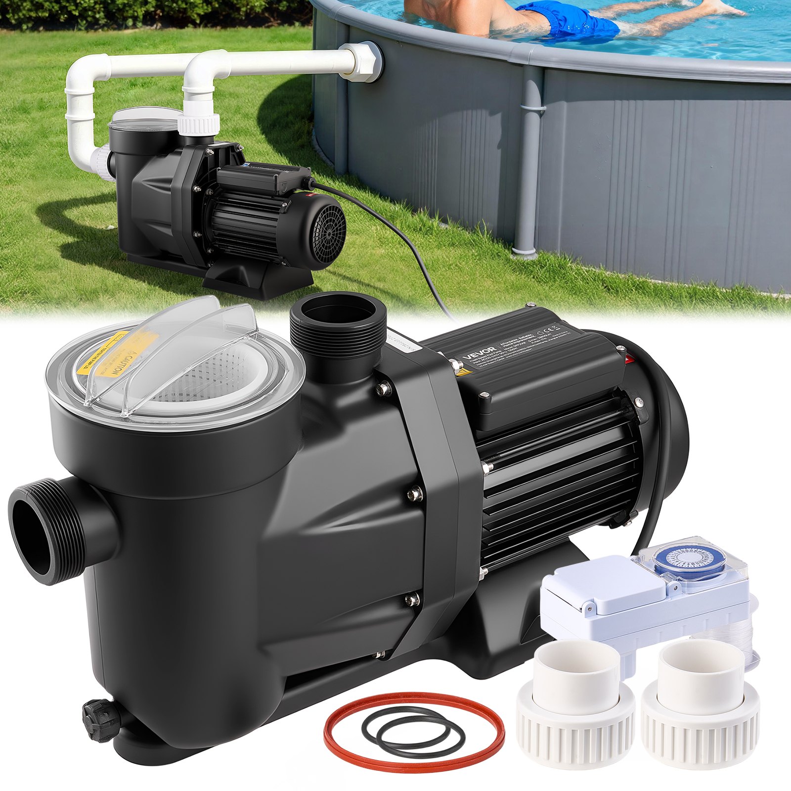 VEVOR Pompa per Piscina Fuori Terra per Filtrazione 1300W 28800 L/h, Kit Pompa di Filtrazione per Piscine Fuori Terra Velocità Singola con Cestello Filtrante 2850 giri/min Prevalenza max. 17 m