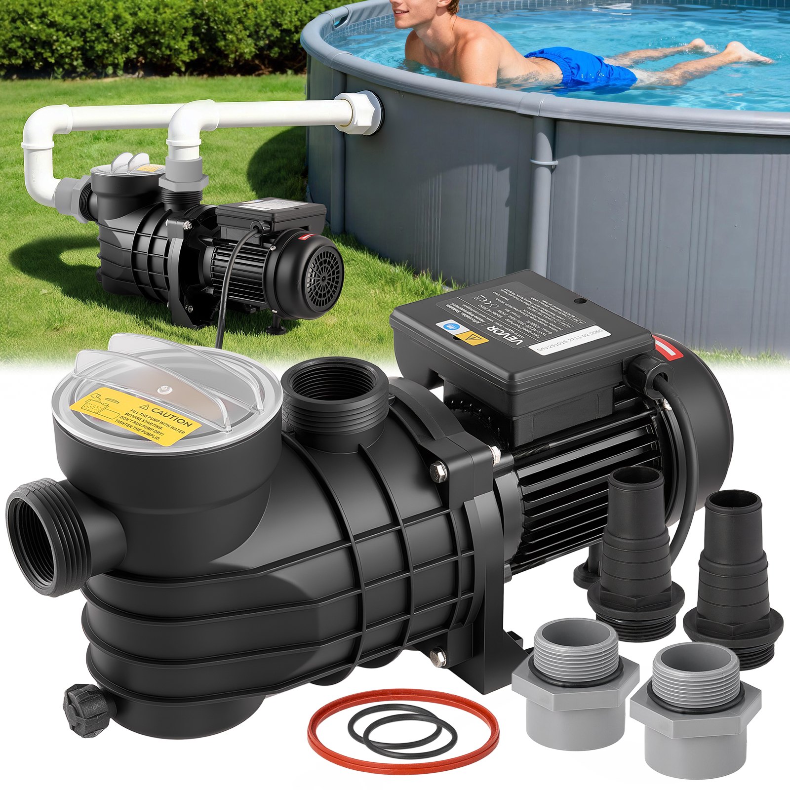 VEVOR Above Ground Pool Pump, 250W, 11,700 L/H Max Flow Single Speed Swimming Pool Pump, AC 220-240V, 2850 RPM, 8 m Max Head Lift, with Filter Basket & Lid, for Above Ground Pools, Hot Tubs, and Spas