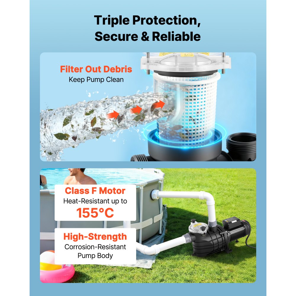 VEVOR Pompa per Piscina Fuori Terra per Filtrazione 3000W 35000 L/h, Kit Pompa di Filtrazione per Piscine Fuori Terra Velocità Singola con Cestello Filtrante 2860 giri/min Prevalenza max. 19 m