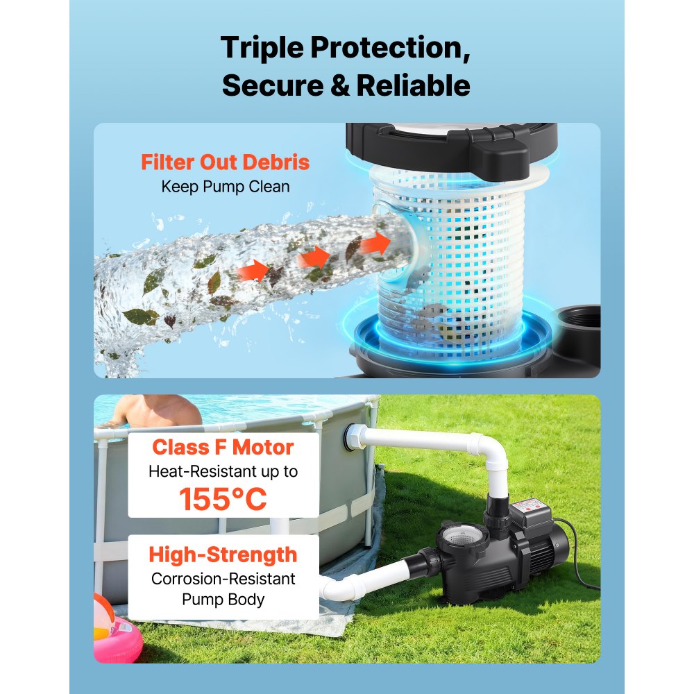VEVOR Pool Pump, 400W, 11,100 L/H Max Flow Single Speed Swimming Pool Pump, AC 220-240V, 3450 RPM, 10 m Max Head, with 24-Hour Timer & Filter Basket, for Above-Ground & In-Ground Pools, Hot Tubs, Spas