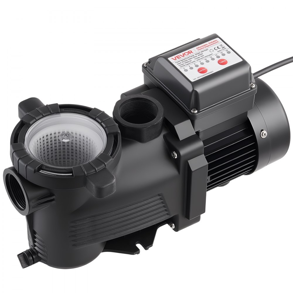 VEVOR Pool Pump, 400W, 11,100 L/H Max Flow Single Speed Swimming Pool Pump, AC 220-240V, 3450 RPM, 10 m Max Head, with 24-Hour Timer & Filter Basket, for Above-Ground & In-Ground Pools, Hot Tubs, Spas