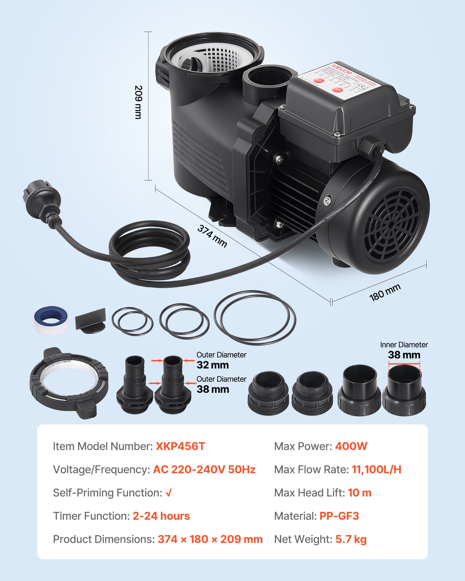 VEVOR Pool Pump, 400W, 11,100 L/H Max Flow Single Speed Swimming Pool Pump, AC 220-240V, 3450 RPM, 10 m Max Head, with 24-Hour Timer & Filter Basket, for Above-Ground & In-Ground Pools, Hot Tubs, Spas