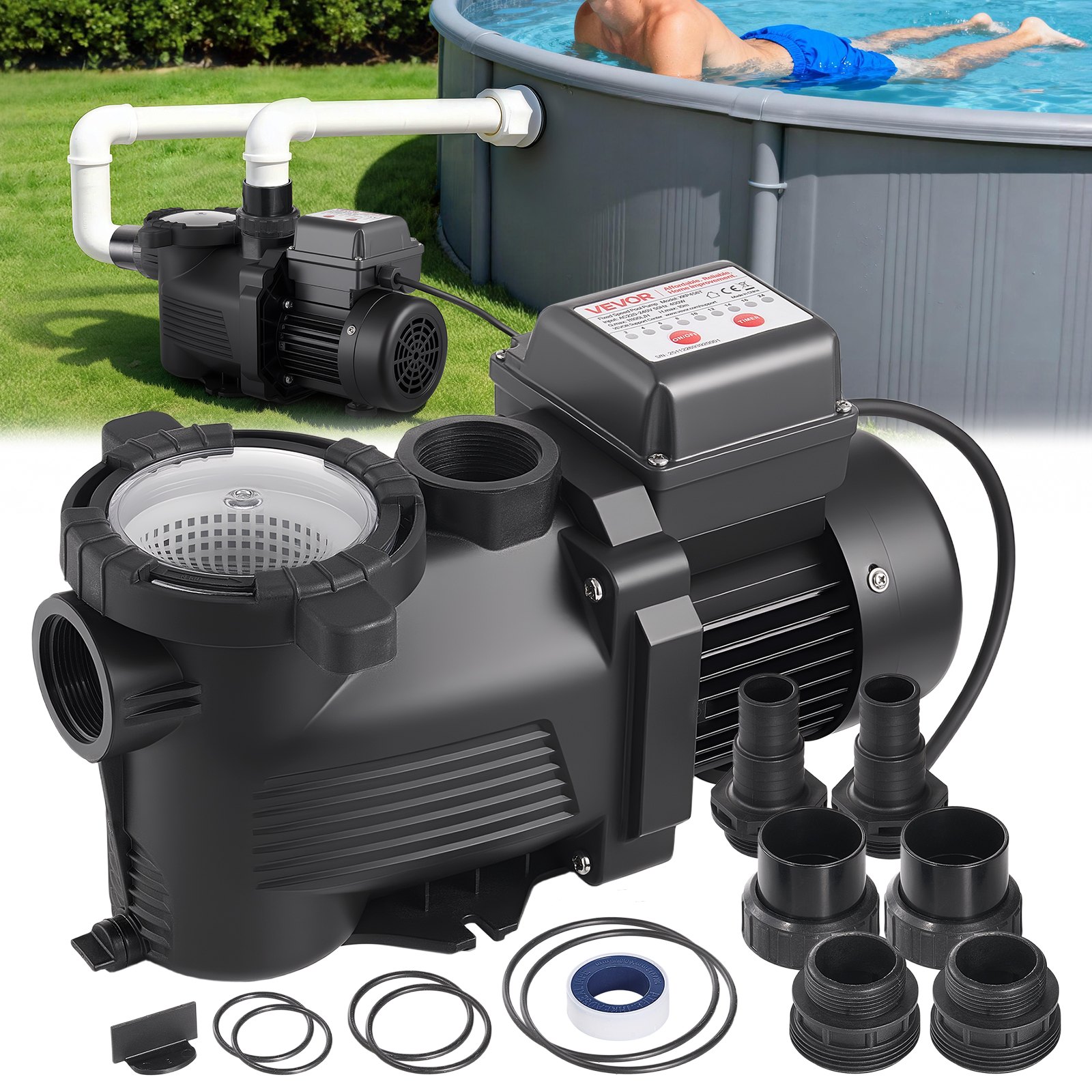 VEVOR Pool Pump, 400W, 11,100 L/H Max Flow Single Speed Swimming Pool Pump, AC 220-240V, 3450 RPM, 10 m Max Head, with 24-Hour Timer & Filter Basket, for Above-Ground & In-Ground Pools, Hot Tubs, Spas