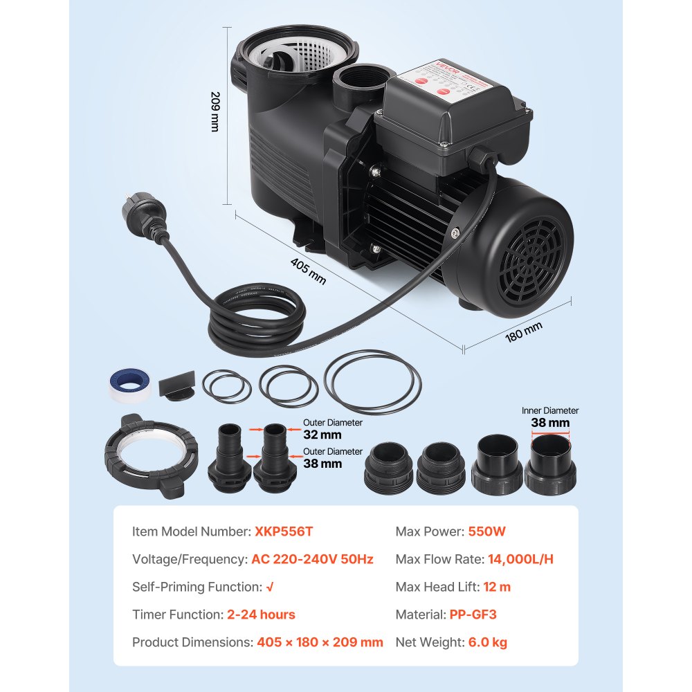 VEVOR Pool Pump, 550W, 14,000 L/H Max Flow Single Speed Swimming Pool Pump, AC 220-240V, 3450 RPM, 12 m Max Head, with 24-Hour Timer & Filter Basket, for Above-Ground & In-Ground Pools, Hot Tubs, Spas