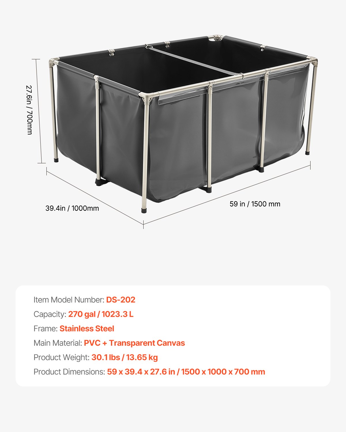 VEVOR Tela Peschiera Fuori Terra, con Pannello di Visualizzazione Trasparente, Rettangolare Pesci Rossi con Telaio in Acciaio Inox, Valvola di Scarico, per Allevamento Carpa, Nero 1023,3 L