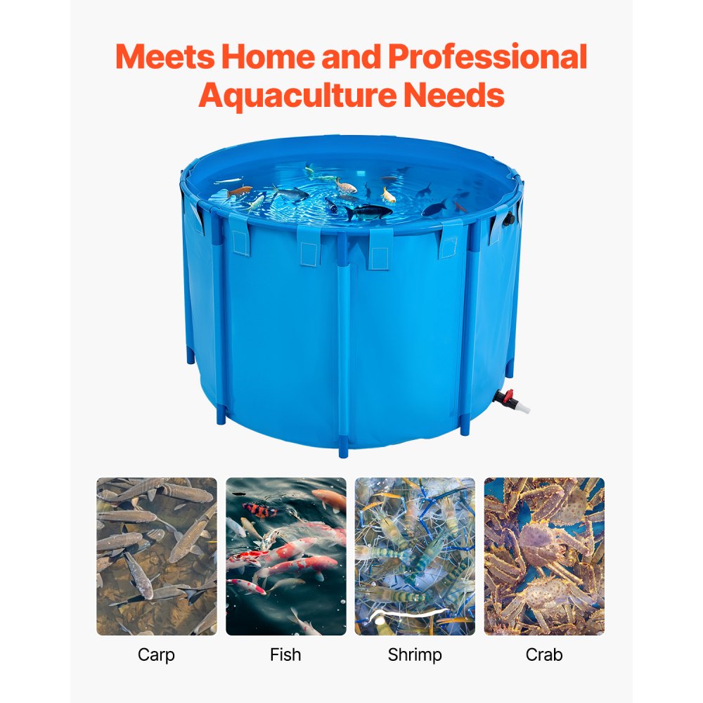 VEVOR PVC fish pond, 1700L capacity fish tank, foldable koi aquarium, round fish tank with sturdy frame and drain valve, for breeding koi and goldfish (blue)
