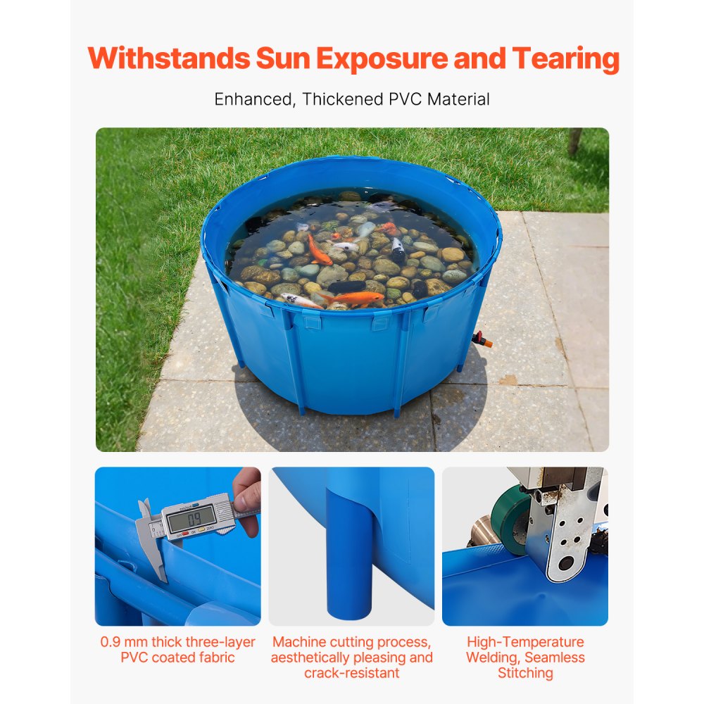VEVOR Canvas Fish Pond, 3100L Capacity, PVC Koi Aquarium, Round Goldfish Tank with Sturdy Frame & Drain Valve, for Aquaculture, Koi Breeding & Irrigation (Blue)