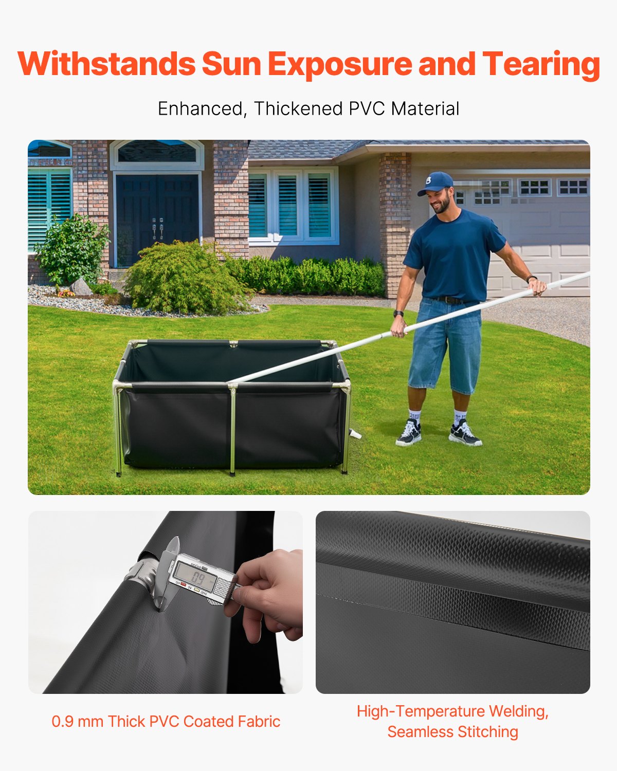 VEVOR Tela Peschiera Fuori Terra, Peschiera Pieghevole Rettangolare, con Telaio in Acciaio Inox, Valvola di Scarico, per Acquacoltura Allevamento Carpa Irrigazione Pesci Rossi, Nero 480 L