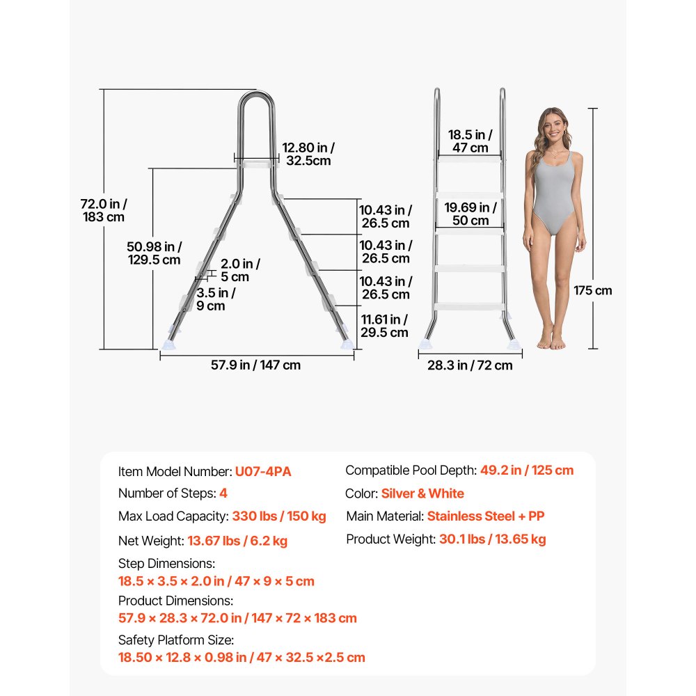 VEVOR Scaletta per Piscine Fuori Terra con Piattaforma, Scala di Sicurezza a 4 Gradini con Struttura ad A Stabile, Altezza 125 cm, Telaio in Acciaio Durevole, Gradini Larghi Antiscivolo, Portata 150kg