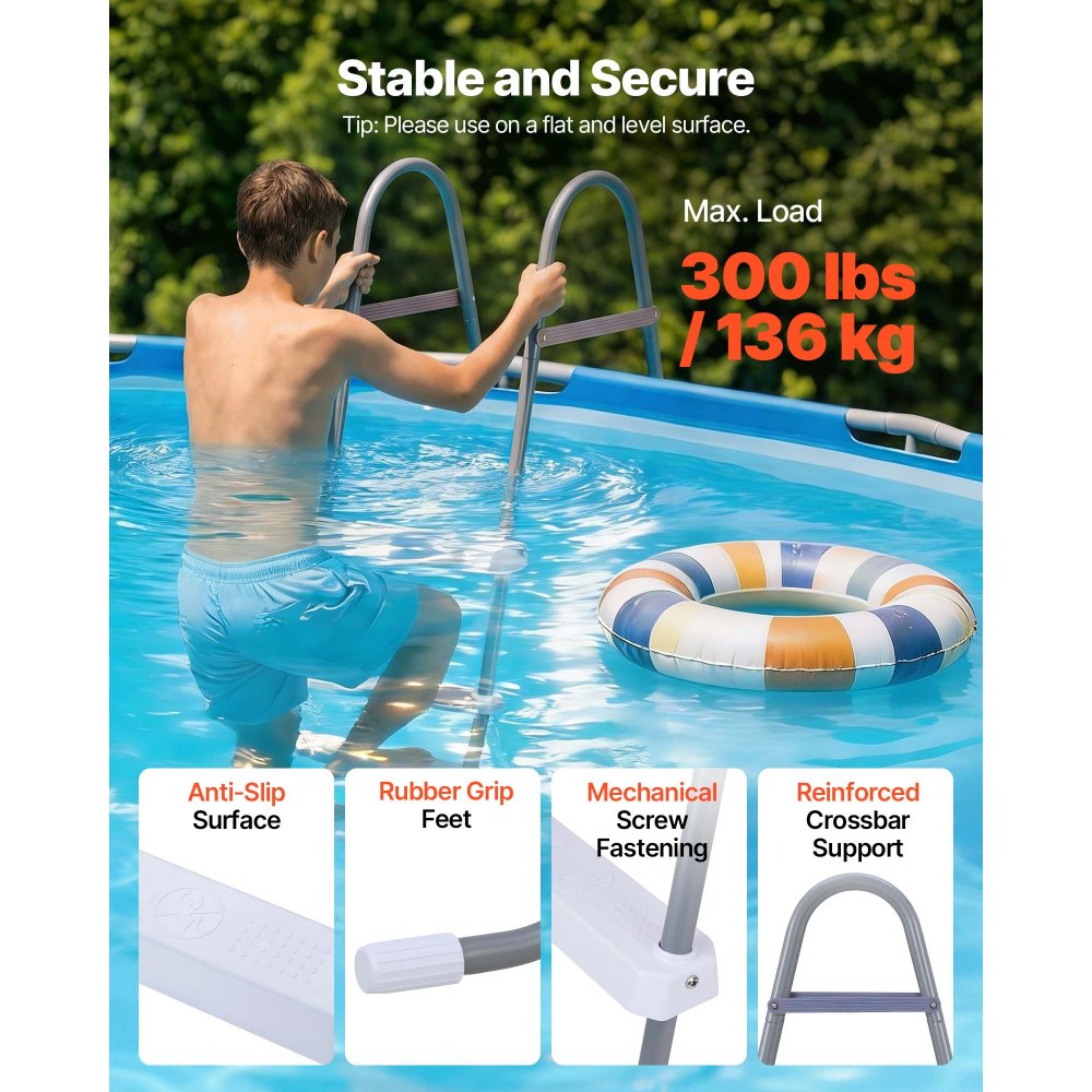 VEVOR Scaletta per Piscine Fuori Terra, Scala di Sicurezza per Piscine a 3 Gradini con Struttura ad A, Altezza 106,7 cm, Telaio in Acciaio al Carbonio, Gradini Larghi Antiscivolo con Portata 136 kg