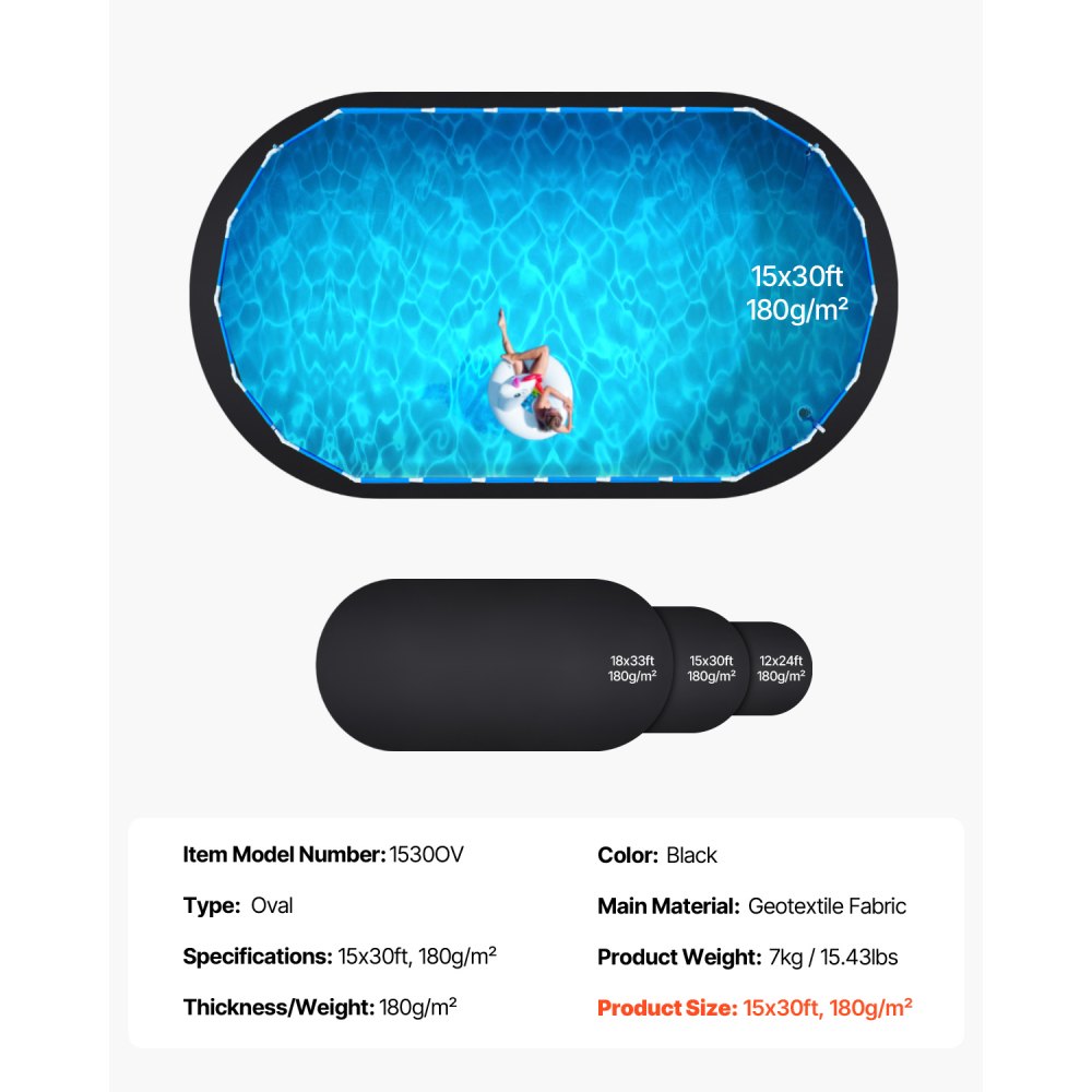 VEVOR Ovale Rivestimento per Piscina, Rivestimento per Piscine Fuori Terra, Tappetino Piscina Extra Spesso, Materiale Tessuto Geotessile Durevole Sottofondo, 457 x 914 cm 180 g/m² Nero