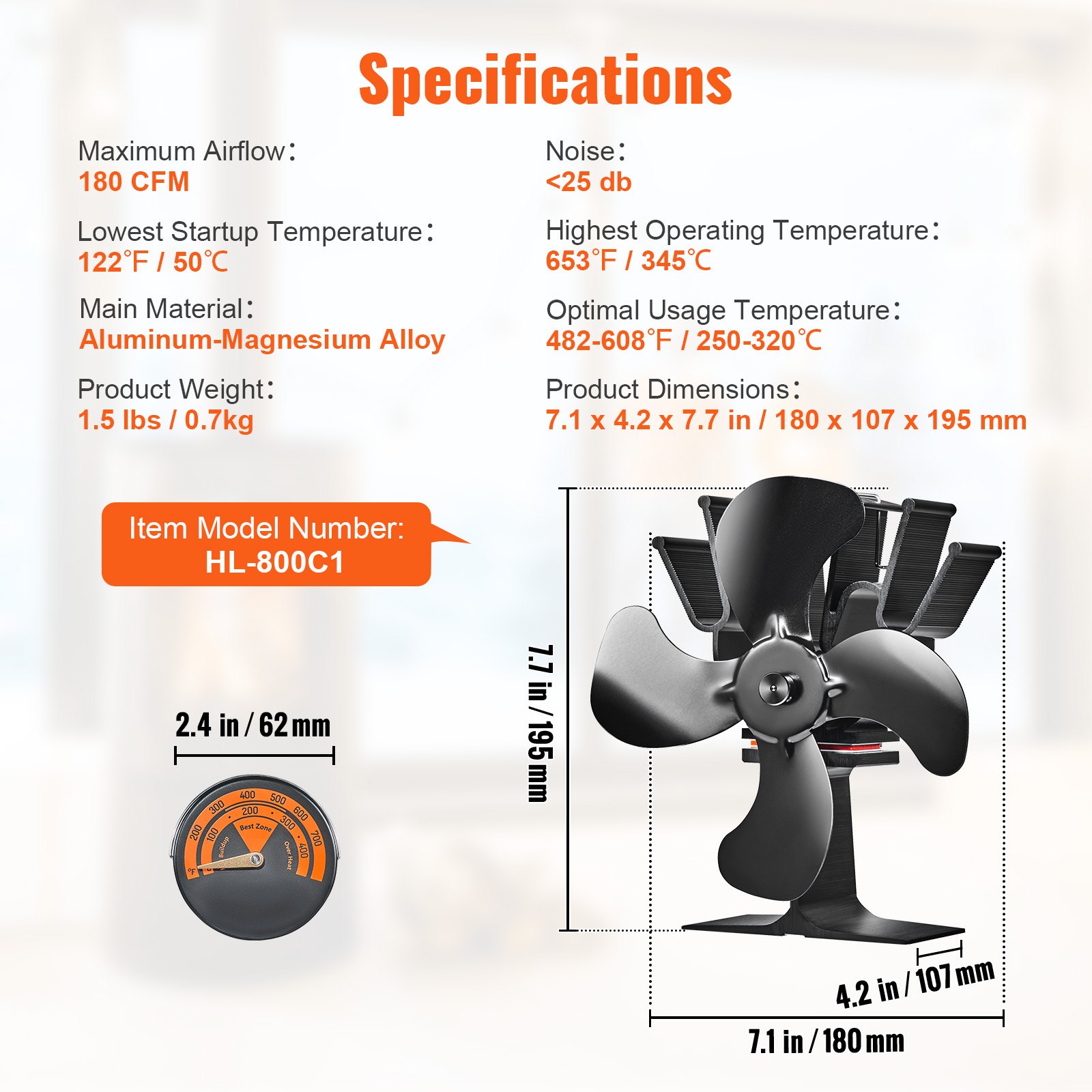 VEVOR Ventilatore per Stufa a Legna 235x105x230 mm, Ventilatore per Camino Alimentato a Calore 4 Pale Flusso d'Aria 442 m³/h Termometro Magnetico per Stufa a Legna, Ventola per Camino Stufa a Legna