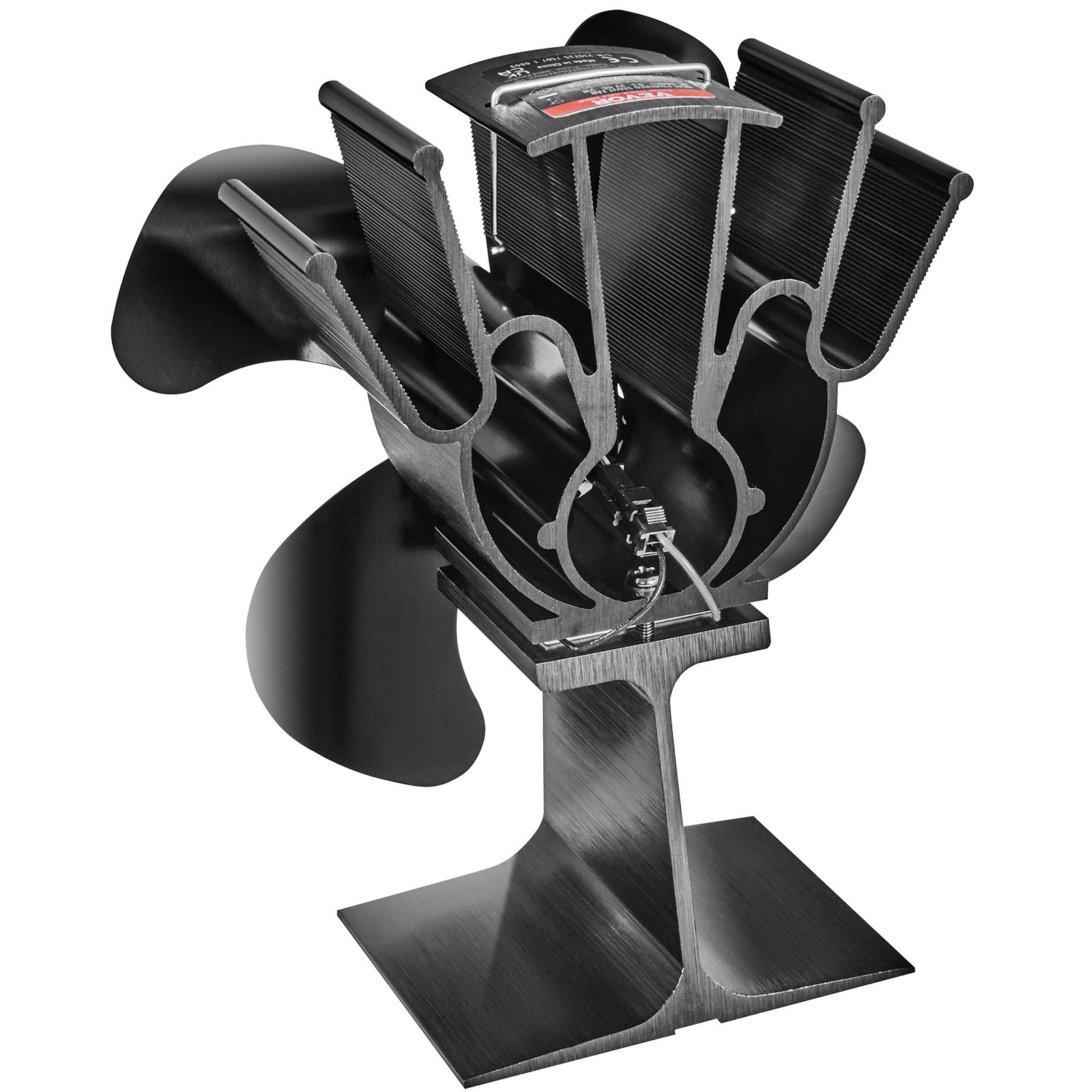 VEVOR Ventilatore per Stufa a Legna 235x105x230 mm, Ventilatore per Camino Alimentato a Calore 4 Pale Flusso d'Aria 442 m³/h Termometro Magnetico per Stufa a Legna, Ventola per Camino Stufa a Legna