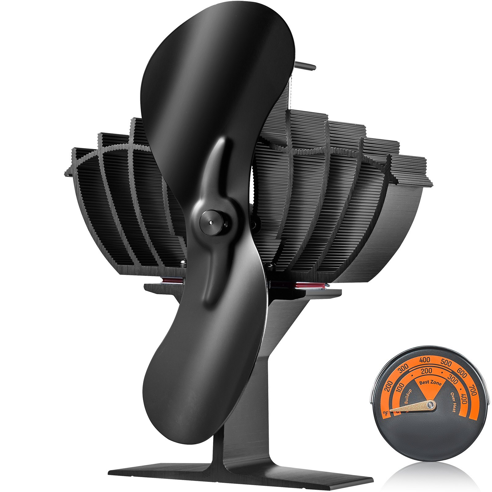 VEVOR Ventilatore per Stufa a Legna 180x107x195 mm, Ventilatore per Camino Alimentato a Calore 2 Pale Flusso d'Aria 306 m³/h Termometro Magnetico per Stufa a Legna, Ventola per Camino Stufa a Legna