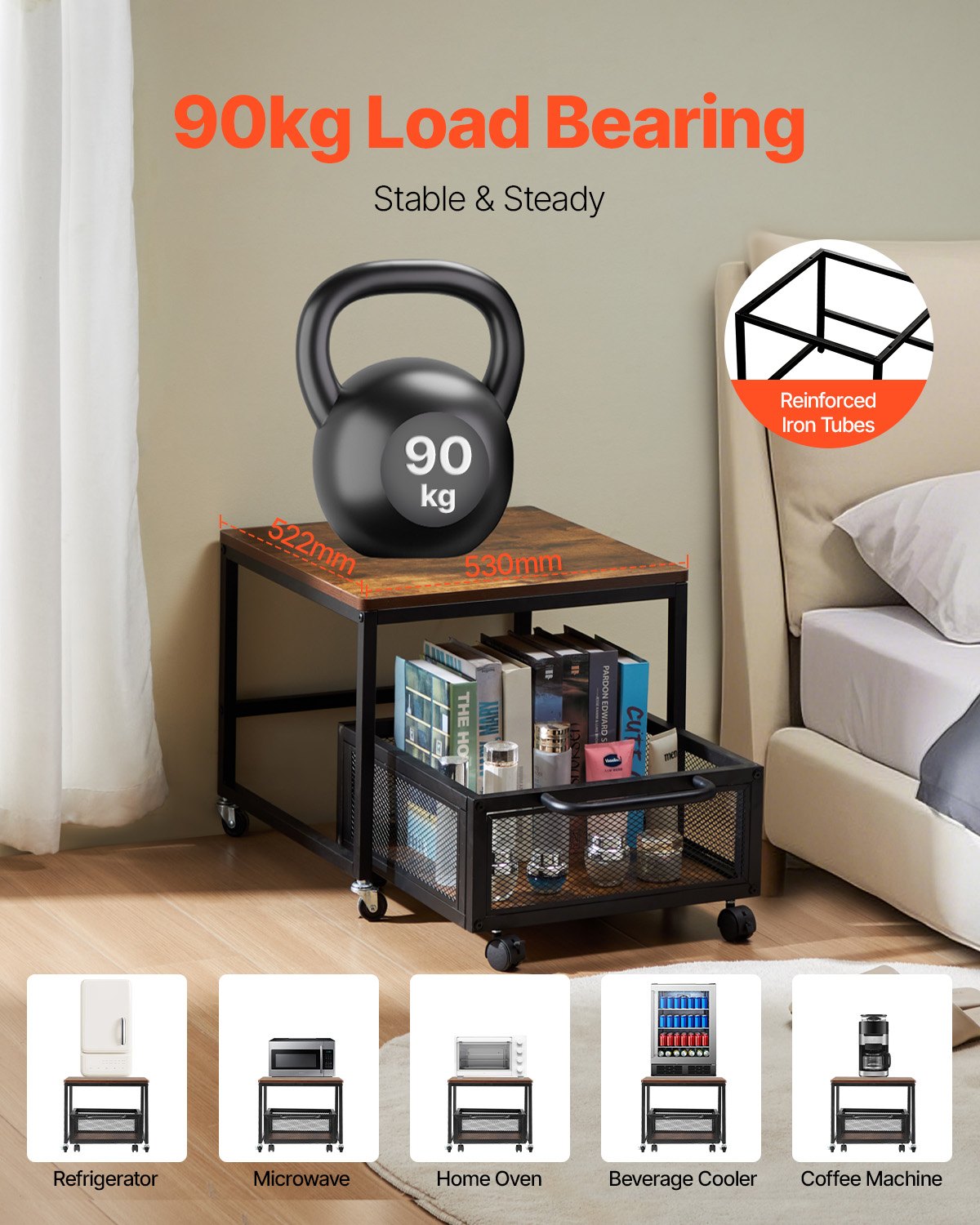 VEVOR Mini Portafrigo con Capacità di Carico di 90 kg, Tavolino da Frigo con Carrello Mobile e Ruote Girevoli, Portafrigo per Bevande per Caffè Bar, Portafrigorifero per Appartamento Marrone