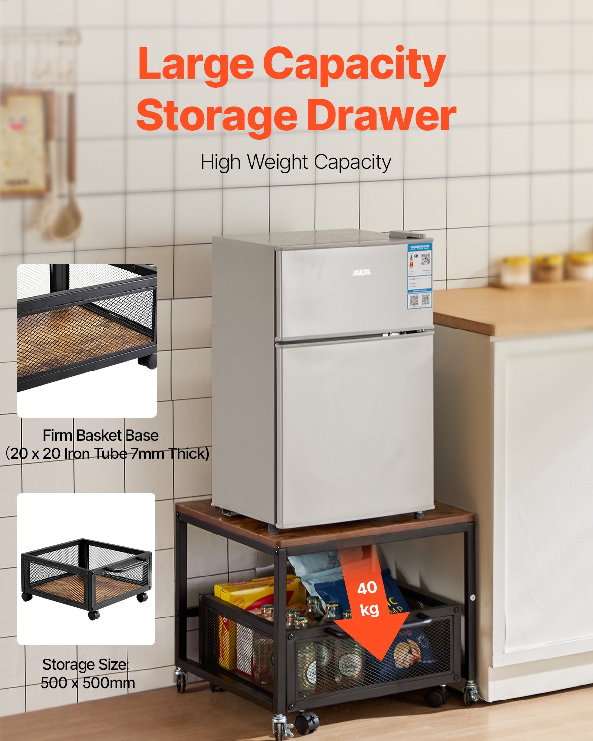 VEVOR Mini Portafrigo con Capacità di Carico di 90 kg, Tavolino da Frigo con Carrello Mobile e Ruote Girevoli, Portafrigo per Bevande per Caffè Bar, Portafrigorifero per Appartamento Marrone