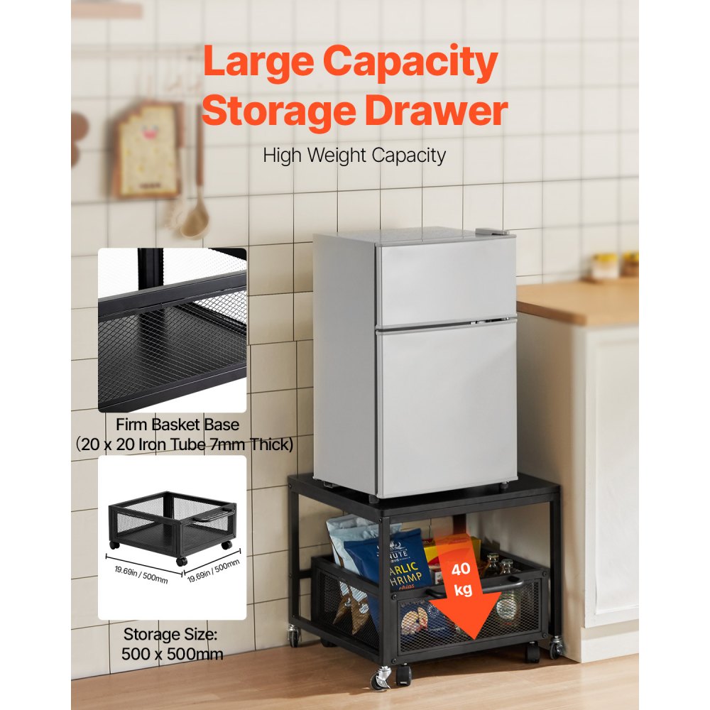 VEVOR Mini Refrigerator Stand, Refrigerator Holder with 90 kg Load Capacity, Refrigerator Table with Movable Storage Cart & Swivel Wheels, Beverage Refrigerator Stand for Coffee Bar/Apartment, Black