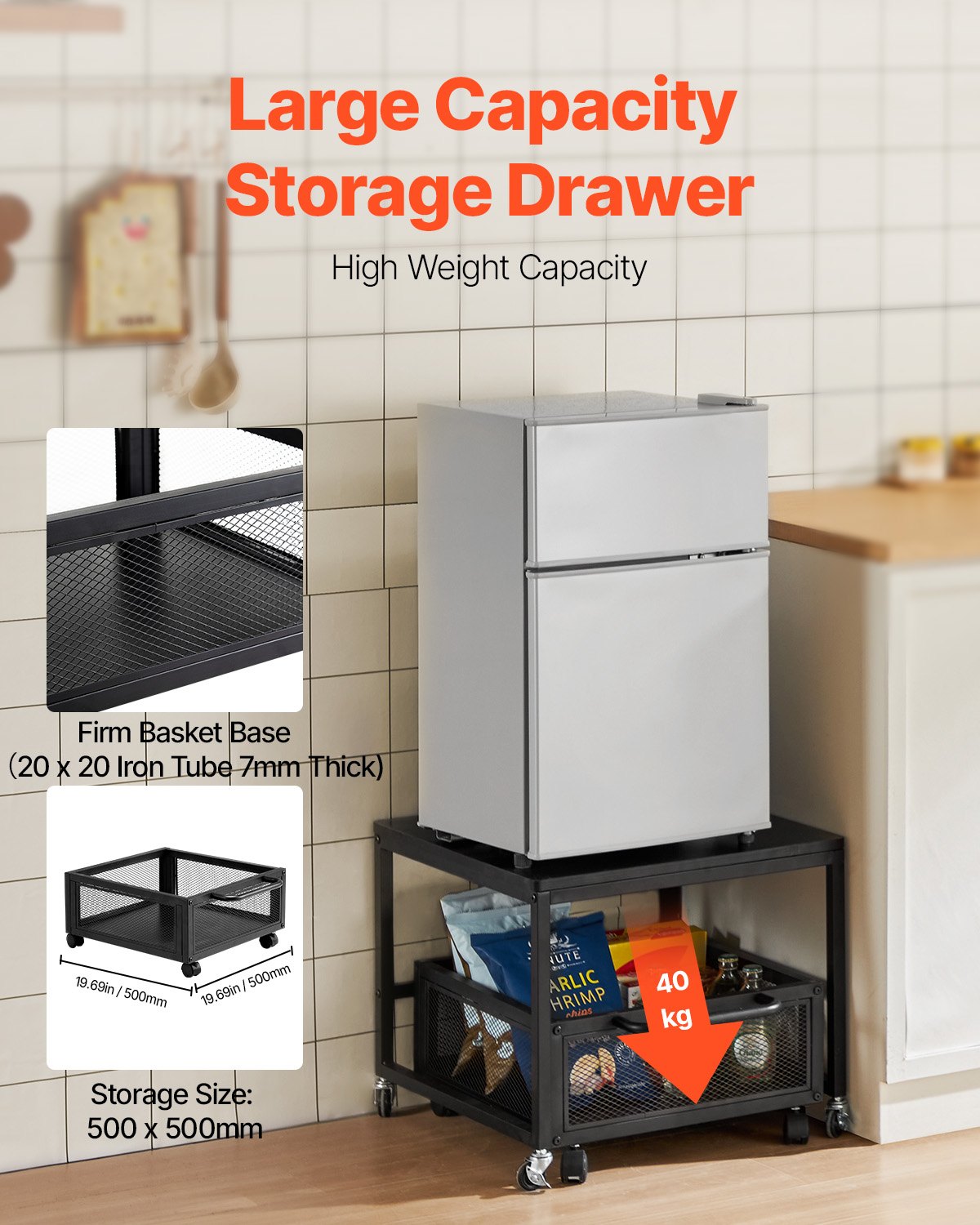 VEVOR Mini Contenitore Portafrigo con Capacità di Carico di 90 kg, Tavolino da Frigo con Carrello Mobile e Ruote Girevoli Piroettanti, Portafrigo per Bevande per Caffè Bar Appartamento, Nero