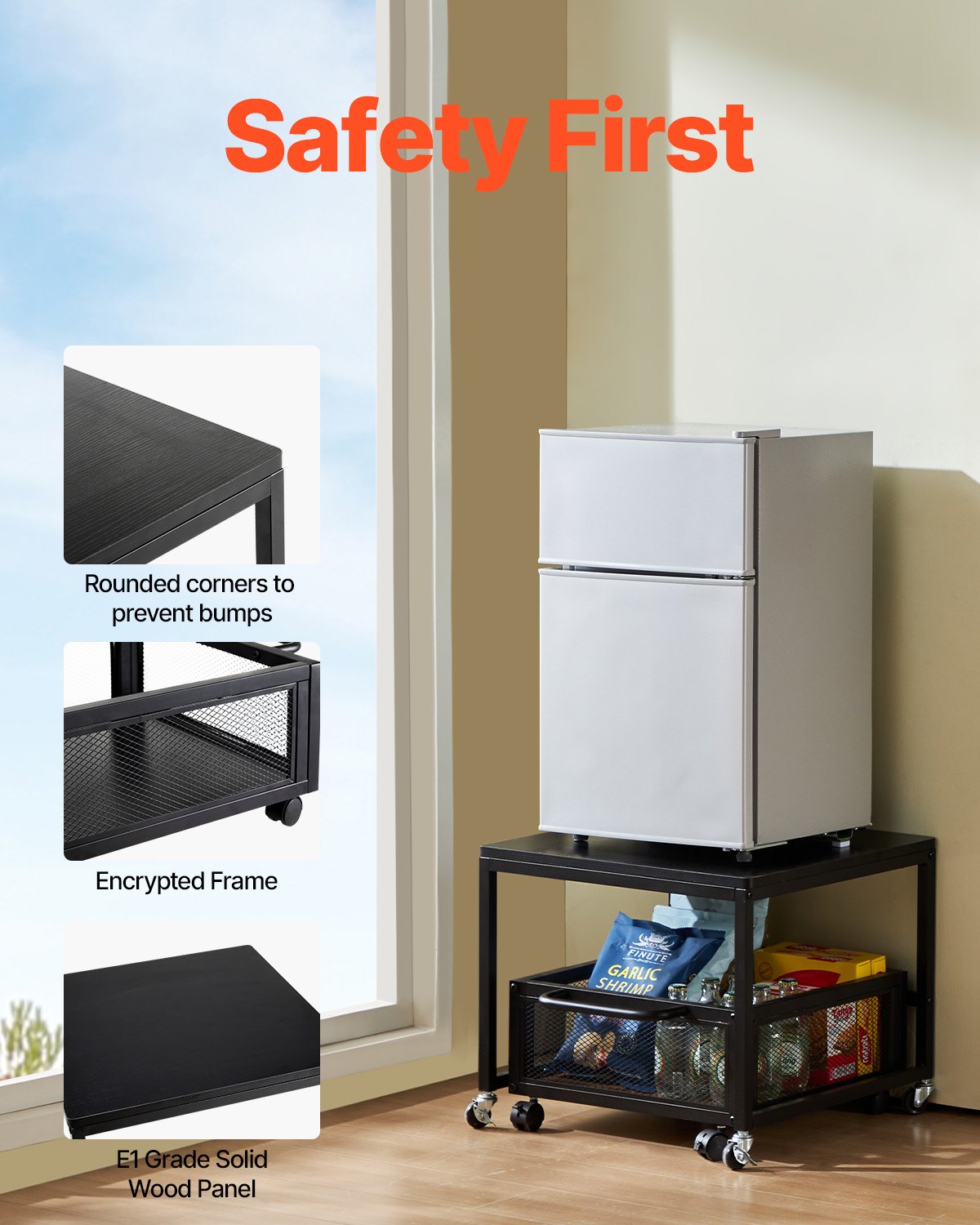 VEVOR Mini Contenitore Portafrigo con Capacità di Carico di 90 kg, Tavolino da Frigo con Carrello Mobile e Ruote Girevoli Piroettanti, Portafrigo per Bevande per Caffè Bar Appartamento, Nero