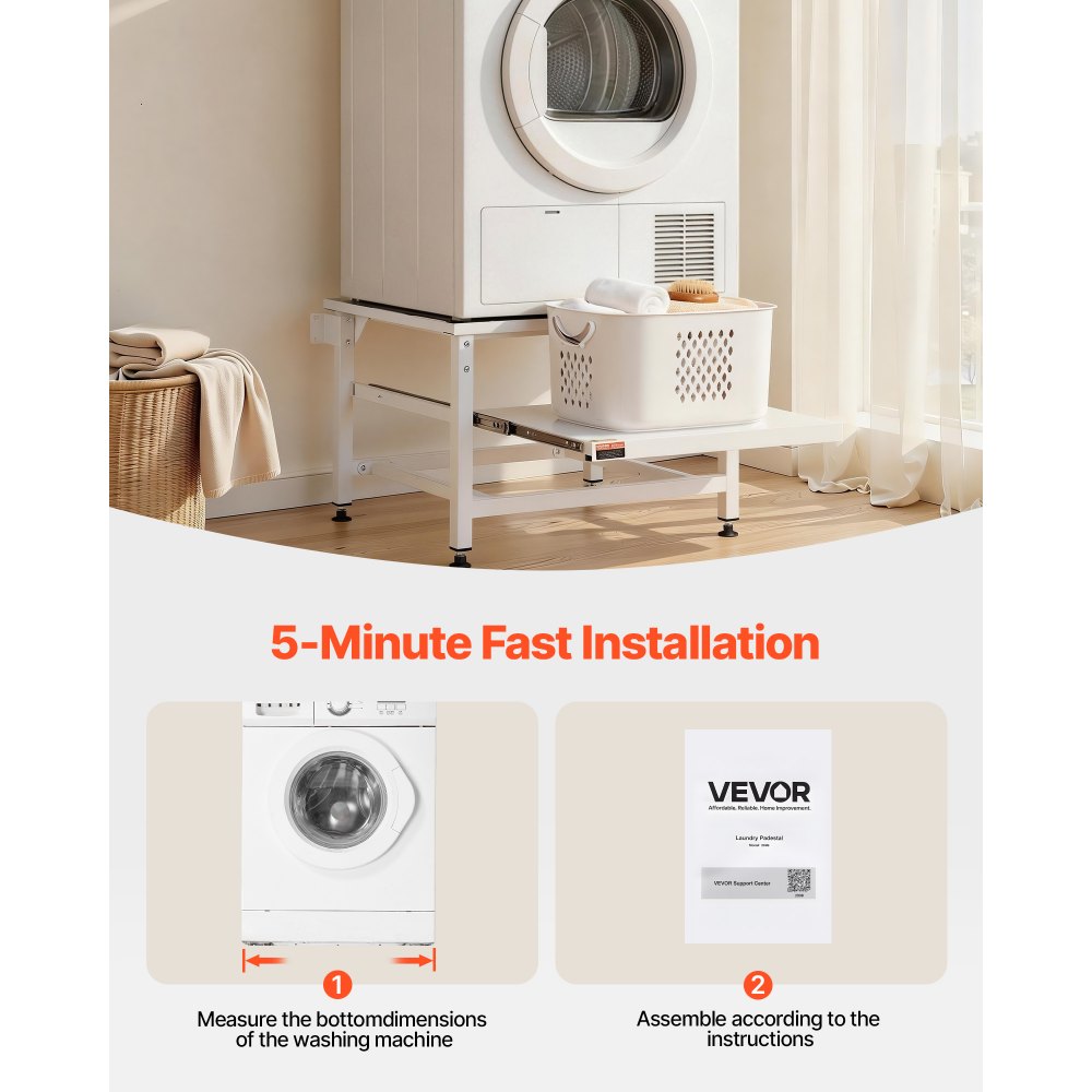 VEVOR Laundry Pedestal, 410 mm Height, Washer and Dryer Pedestals with Pull-out Tray, 318 kg Weight Load Capacity, Non-Slip Feet, Heavy-duty Steel Washing Machine Stand Universal Fit, White
