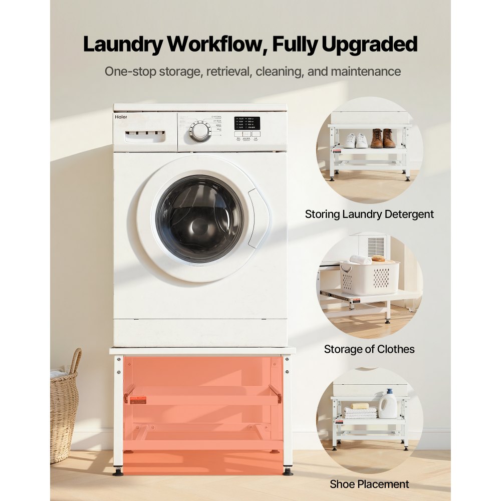 VEVOR Laundry Pedestal, 410 mm Height, Washer and Dryer Pedestals with Pull-out Tray, 318 kg Weight Load Capacity, Non-Slip Feet, Heavy-duty Steel Washing Machine Stand Universal Fit, White