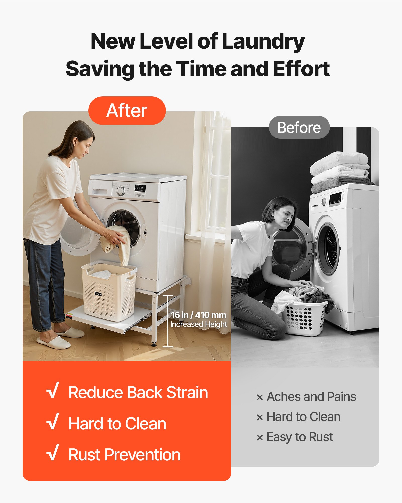 VEVOR Laundry Pedestal, 410 mm Height, Washer and Dryer Pedestals with Pull-out Tray, 318 kg Weight Load Capacity, Non-Slip Feet, Heavy-duty Steel Washing Machine Stand Universal Fit, White