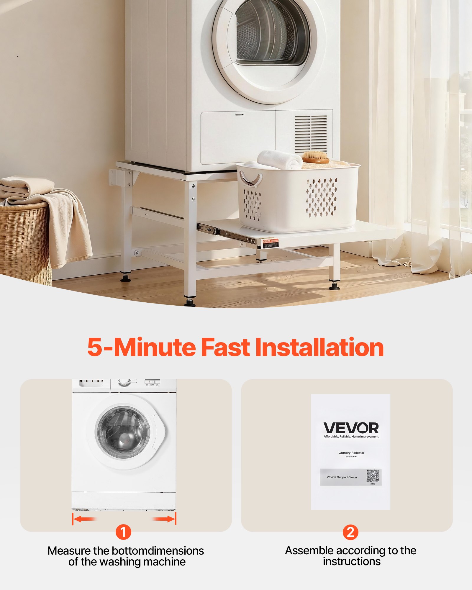 VEVOR Laundry Pedestal, 410 mm Height, Washer and Dryer Pedestals with Pull-out Tray, 318 kg Weight Load Capacity, Non-Slip Feet, Heavy-duty Steel Washing Machine Stand Universal Fit, White