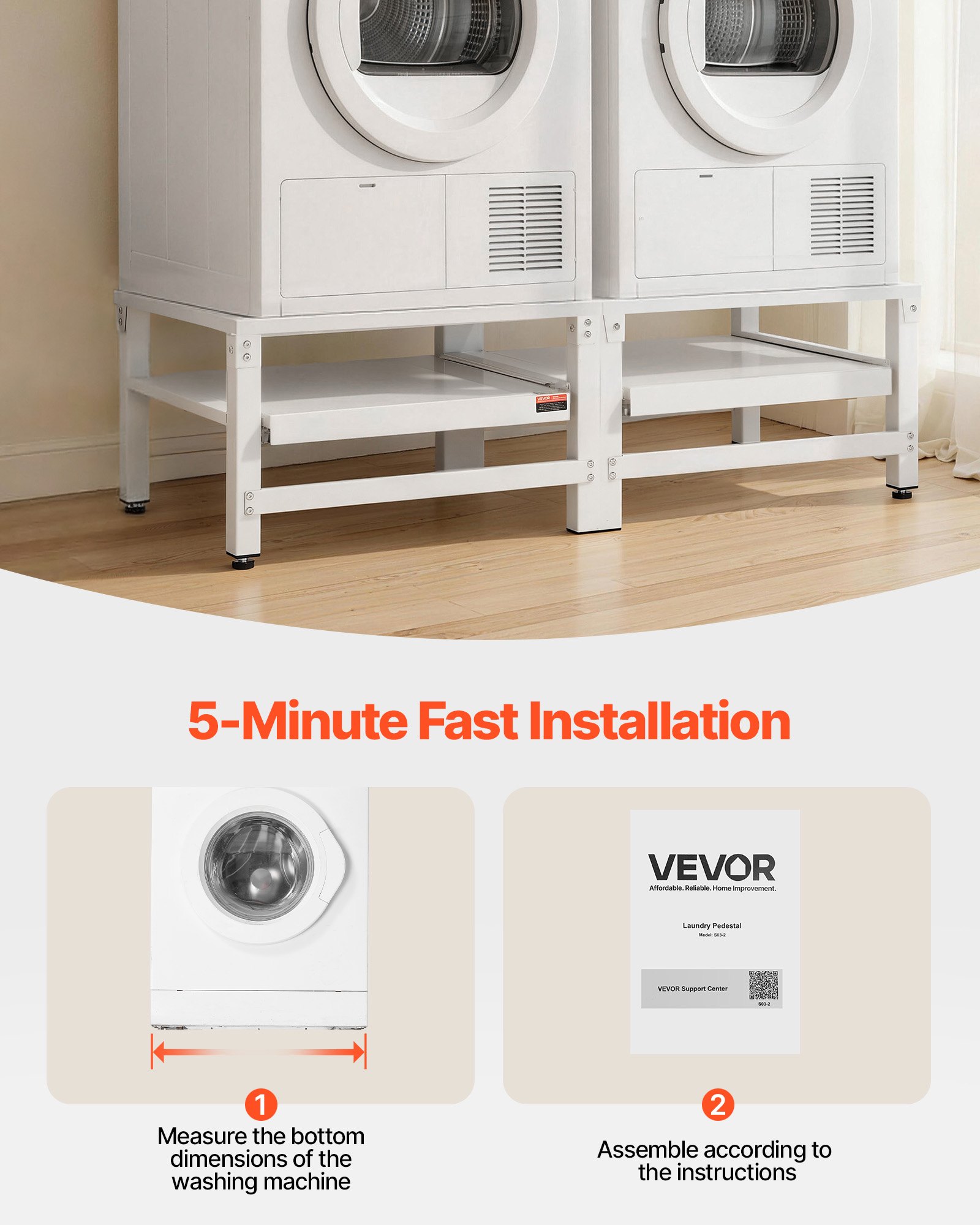 VEVOR Supporto Universale per Lavatrice Altezza 355 mm Carico max. 318 kg Base per Lavatrice Asciugatrice con Vassoio Estraibile Piedini Antiscivolo Supporto in Acciaio 2 Pezzi Base Piedistallo