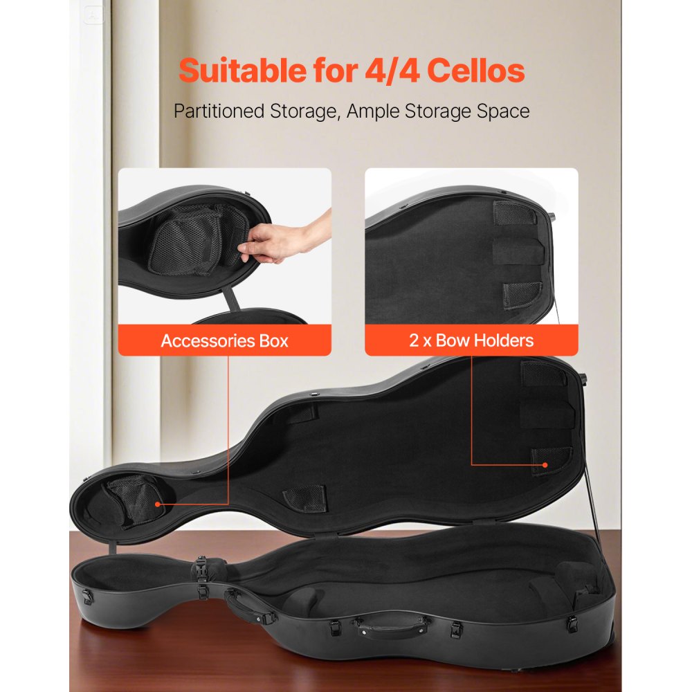 VEVOR Custodia per Violoncello 4/4 Dimensione Completa, in Fibra di Carbonio Composita, Borsa da Viaggio Portatile, con Fodera in Peluche, Doppie Tracolle, Antigraffio, Forma Violoncello, Nero