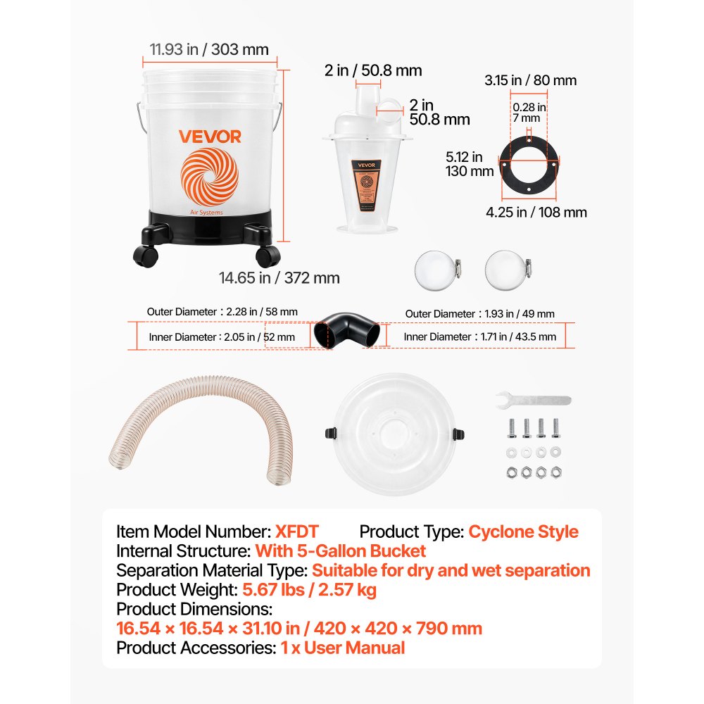 VEVOR Kit Separatore Ciclonico della Polvere con Secchio da 19 L Traslucido, Attacco D.E. 50,8 mm, Ideale per Legno e Aspiratori Solidi e Liquidi, con Tubo PU da 90 cm, Gomito, Ruote e PP Traslucido