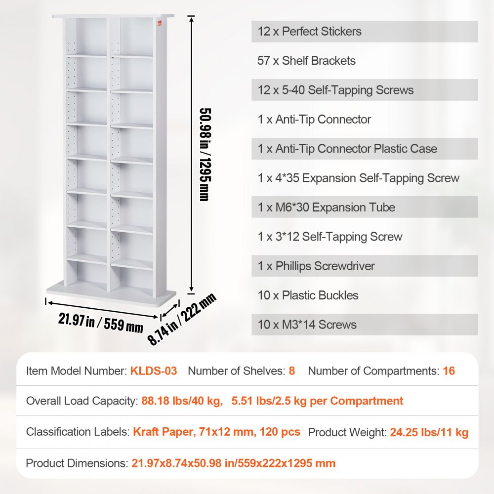 VEVOR Media Storage Cabinet, 8-Tier DVD Shelf for up to 464 CDs, Adjustable CD Shelves with 16 Compartments, Protects and Organizes Music, Film, Video Game or Memorabilia Collections, White