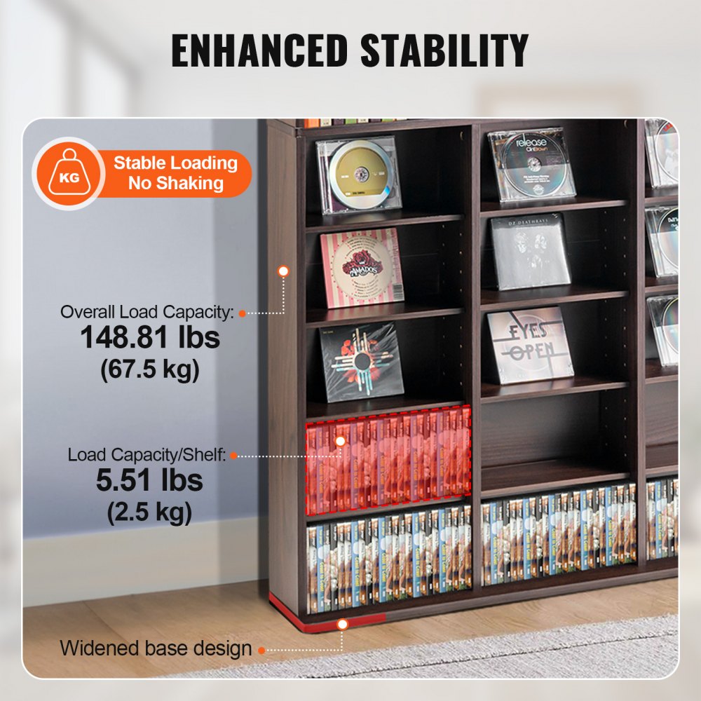 VEVOR Media Storage Cabinet, 9-Tier DVD Shelf for up to 756 CDs, Adjustable CD Shelves with 27 Compartments, Protects and Organizes Music, Film, Video Game or Memorabilia Collections, Espresso