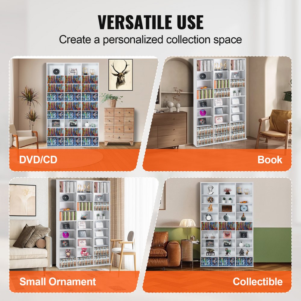 VEVOR Media Storage Cabinet, 9-Tier DVD Shelf for up to 756 CDs, Adjustable CD Shelves with 27 Compartments, Protects and Organizes Music, Film, Video Game or Memorabilia Collections, White