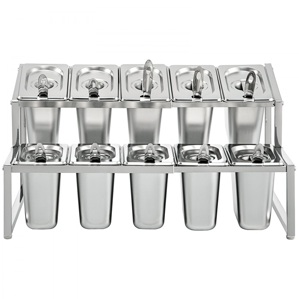 VEVOR Contenitore per Ingredienti in Acciaio Inox Scaffale Portaspezie a 2 Livelli, 10 Pentole 1/9 con Coperchi e Mestoli, Supporto Inclinato per Ingredienti Salse Frutta, per Dispensa della Cucina