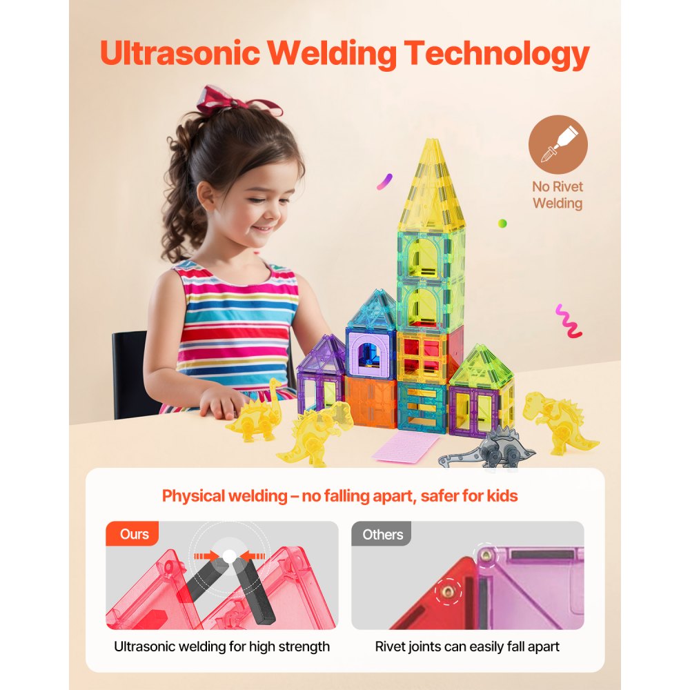 VEVOR Piastrelle Magnetiche, 85 x 25 x 90 mm Blocchi da Costruzione Magnetici per Bambini, 56 Pezzi, Set di Costruzioni Magnetiche con 4 Dinosauri, Giocattoli Educativi Sensoriali STEM da Impilare