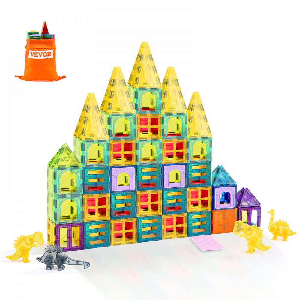 VEVOR Piastrelle Magnetiche, 85 x 25 x 90 mm Blocchi da Costruzione Magnetici per Bambini, 56 Pezzi, Set di Costruzioni Magnetiche con 4 Dinosauri, Giocattoli Educativi Sensoriali STEM da Impilare