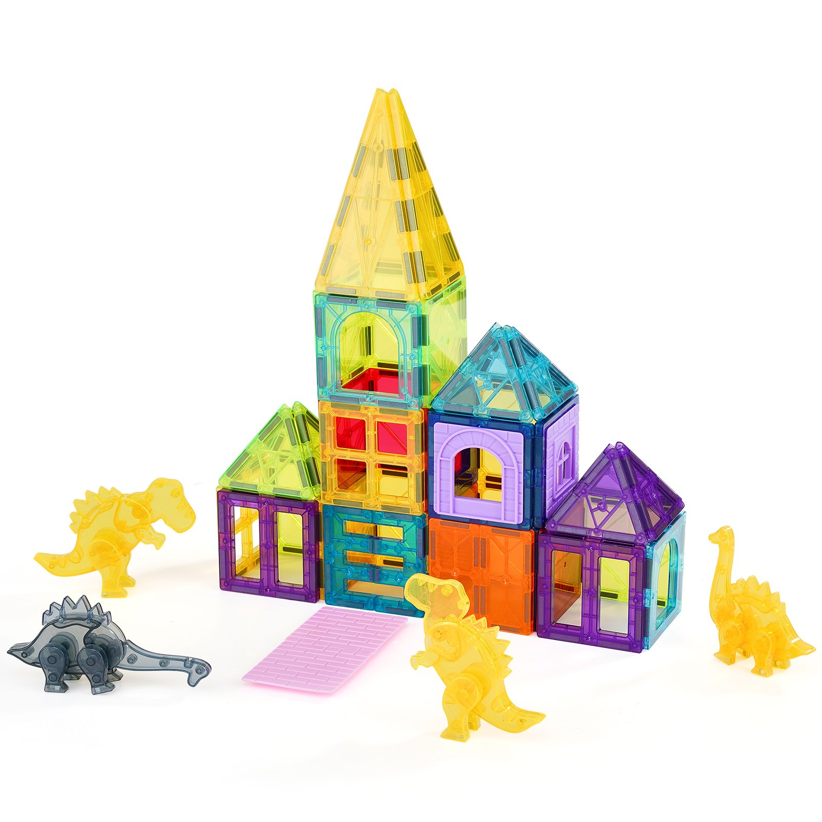 VEVOR Piastrelle Magnetiche, 85 x 25 x 90 mm Blocchi da Costruzione Magnetici per Bambini, 56 Pezzi, Set di Costruzioni Magnetiche con 4 Dinosauri, Giocattoli Educativi Sensoriali STEM da Impilare