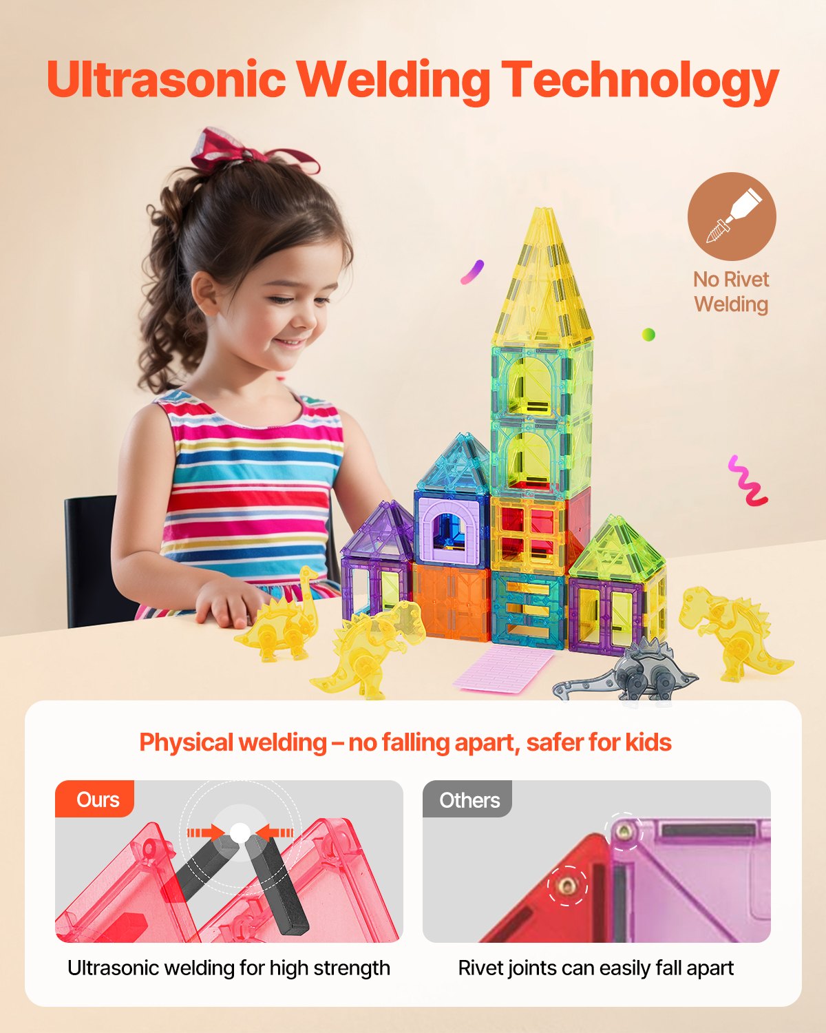 VEVOR Magnetic Building Blocks, 56-Piece Magnetic Animal Building Set, Magnetic Toy with 4 Dinosaurs, STEM Sensory Learning Toy, Construction Stacking Toy, Gift for Children Ages 3 and Up