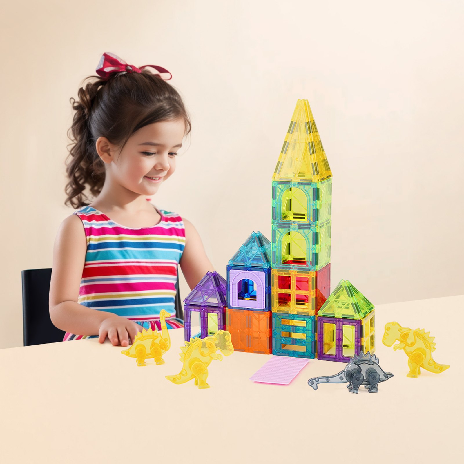 VEVOR Magnetic Building Blocks, 56-Piece Magnetic Animal Building Set, Magnetic Toy with 4 Dinosaurs, STEM Sensory Learning Toy, Construction Stacking Toy, Gift for Children Ages 3 and Up